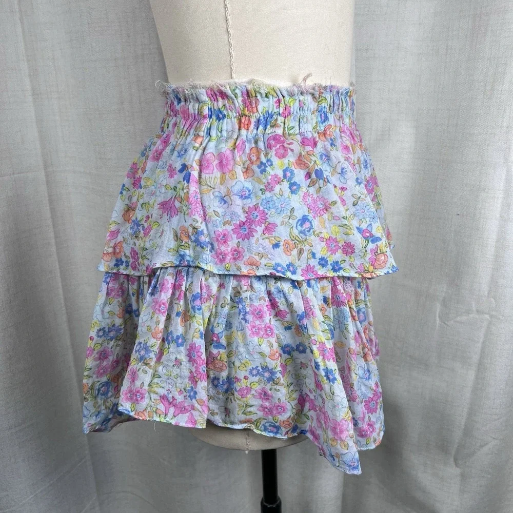 LoveShackFancy Ruffle Tiered Mini‎ Skirt Coral Reef Waves Floral Blue Small